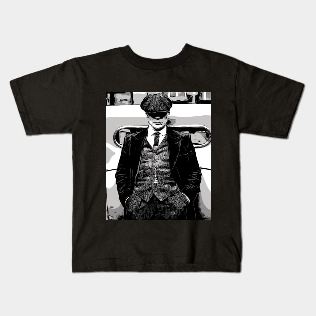 well shelved, thomas shelby leans against a car with his hands in his pants and hat pulled deep into his face as abstract art (vers. 2) Kids T-Shirt by ComicPrint